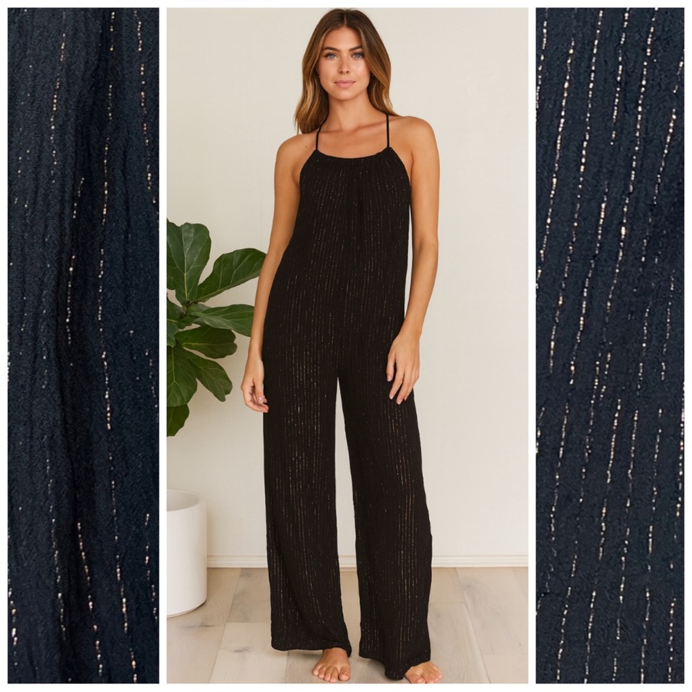 TORI‎ PRAVER Women’s Size M Black Metallic Striped Athena Swim Cover-up Jumpsuit
